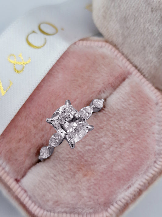 2.52 Carats Lab Grown Cushion Cut with Marquise Side Stones Hidden Halo Diamond Engagement Ring