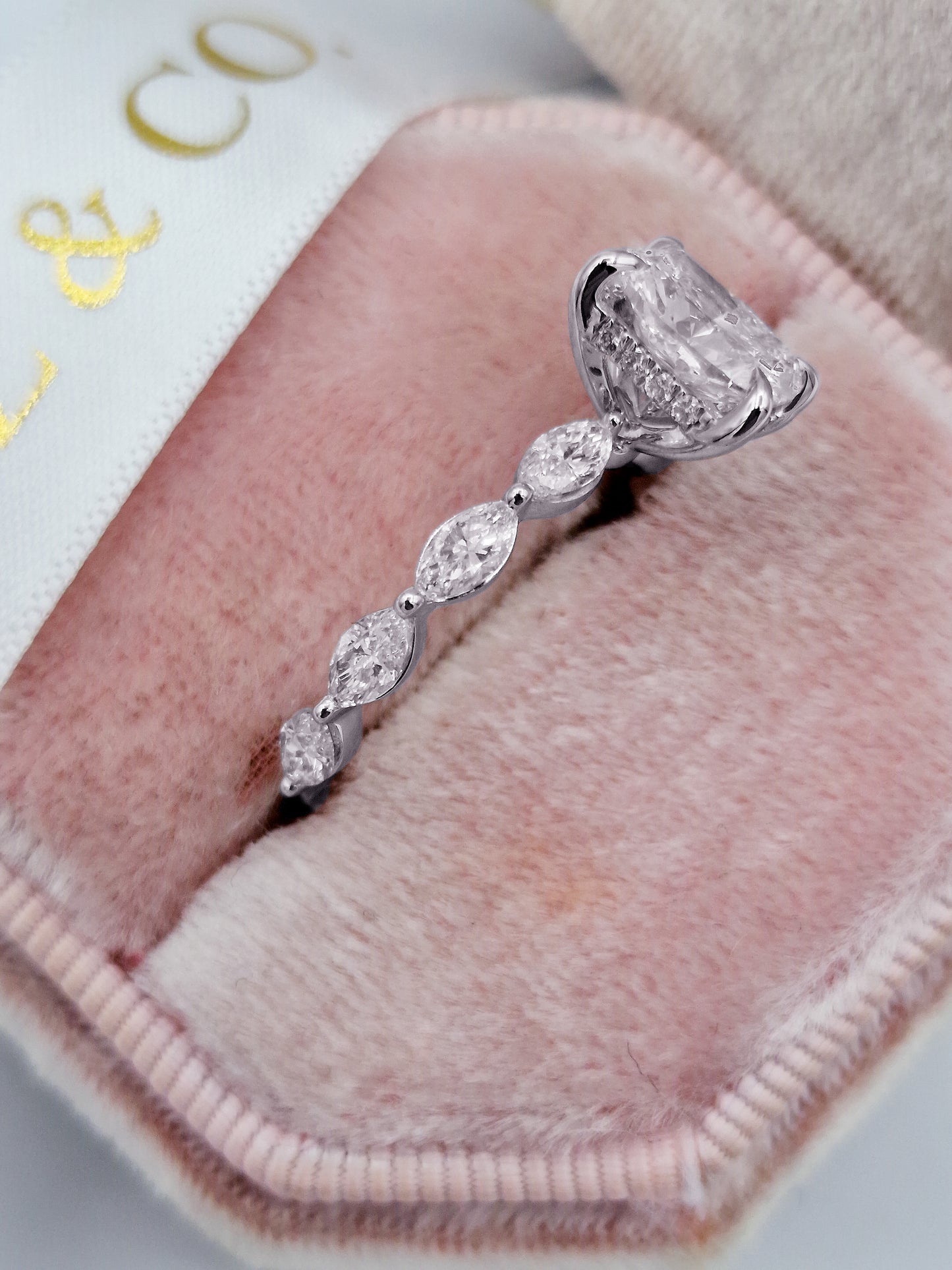 2.52 Carats Lab Grown Cushion Cut with Marquise Side Stones Hidden Halo Diamond Engagement Ring