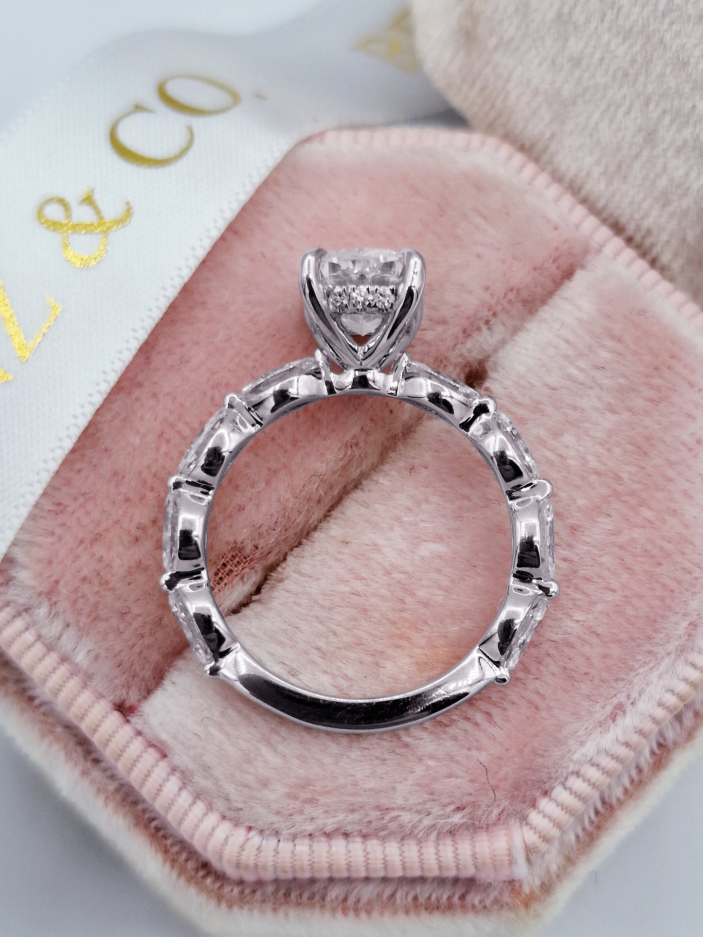 2.52 Carats Lab Grown Cushion Cut with Marquise Side Stones Hidden Halo Diamond Engagement Ring