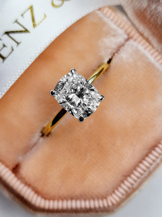 2.20 Carats Lab Grown Elongated Cushion Cut Two Tone Solitaire Hidden Halo Diamond Engagement Ring