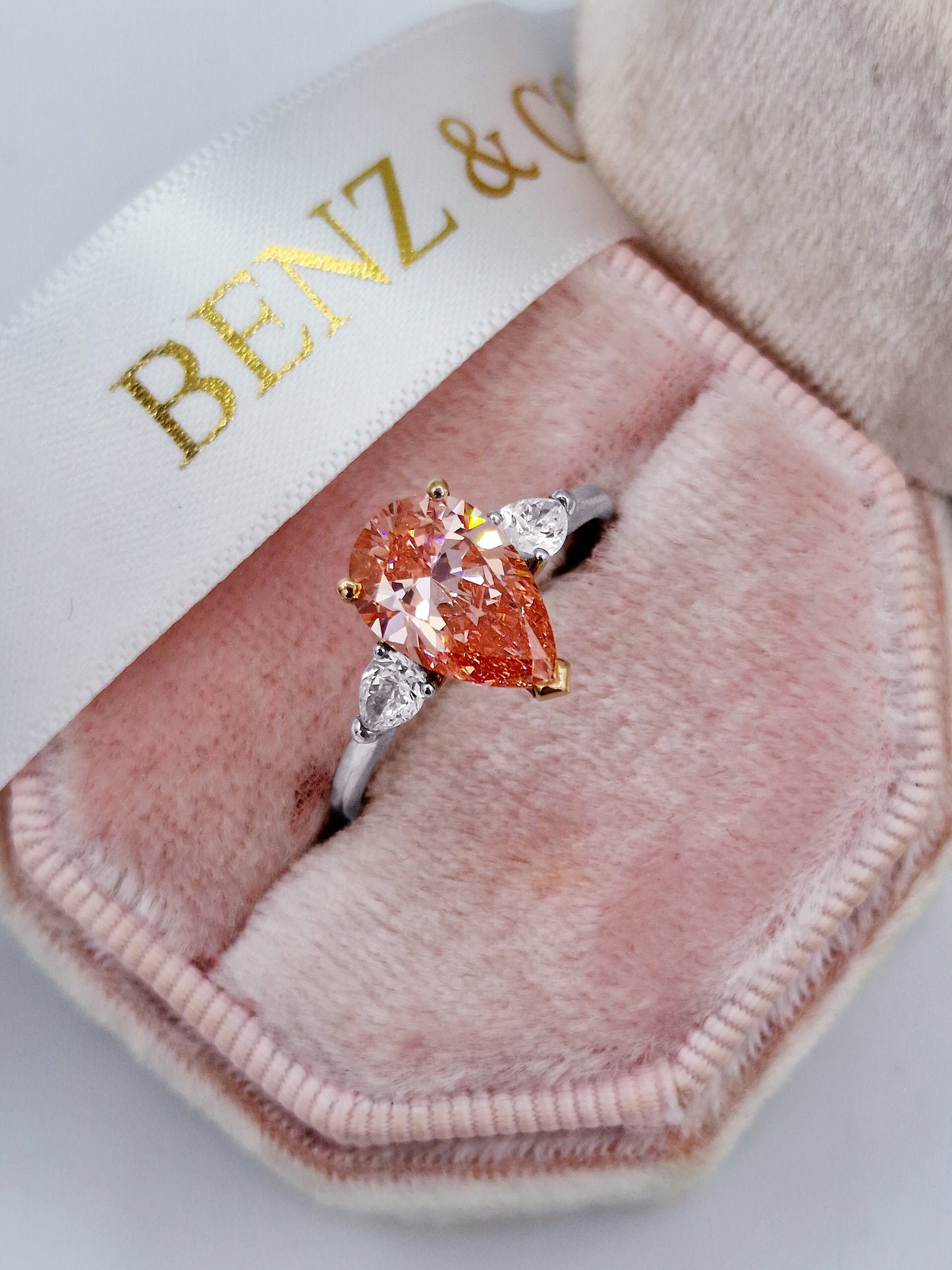 2.31 Carats Lab Grown Fancy Vivid Pink Pear Shaped with Pear Side Stones Diamond Engagement Ring