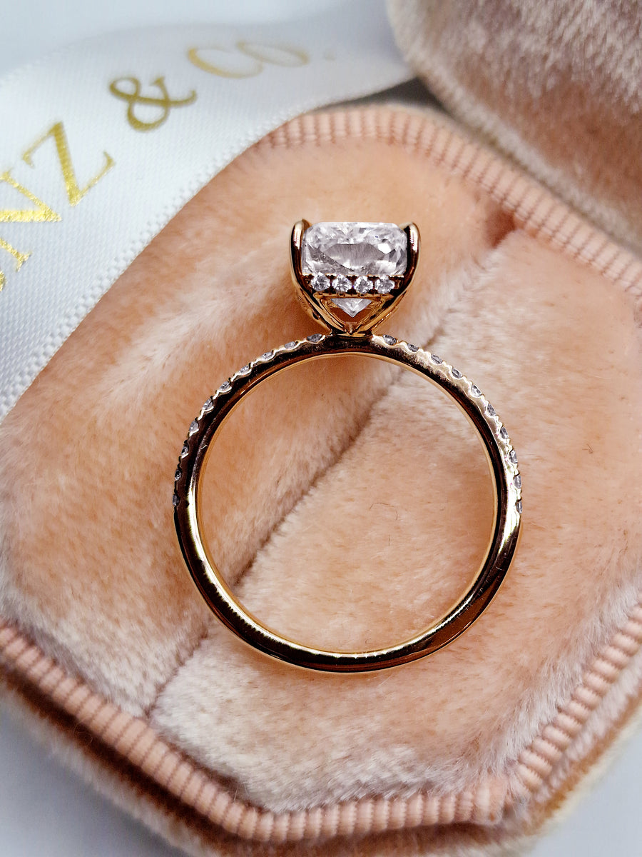 3.47 Carats Lab Grown Radiant Cut Micropaved Side Stones Hidden Halo Diamond Engagement Ring Rose Gold