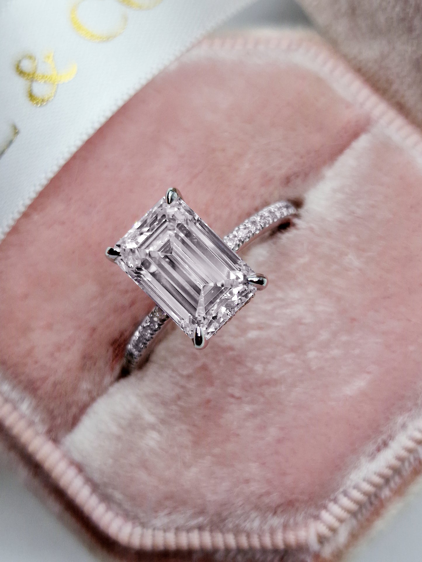 3.42 Carats Lab Grown Emerald Cut Micropaved Side Stones Hidden Halo Diamond Engagement Ring