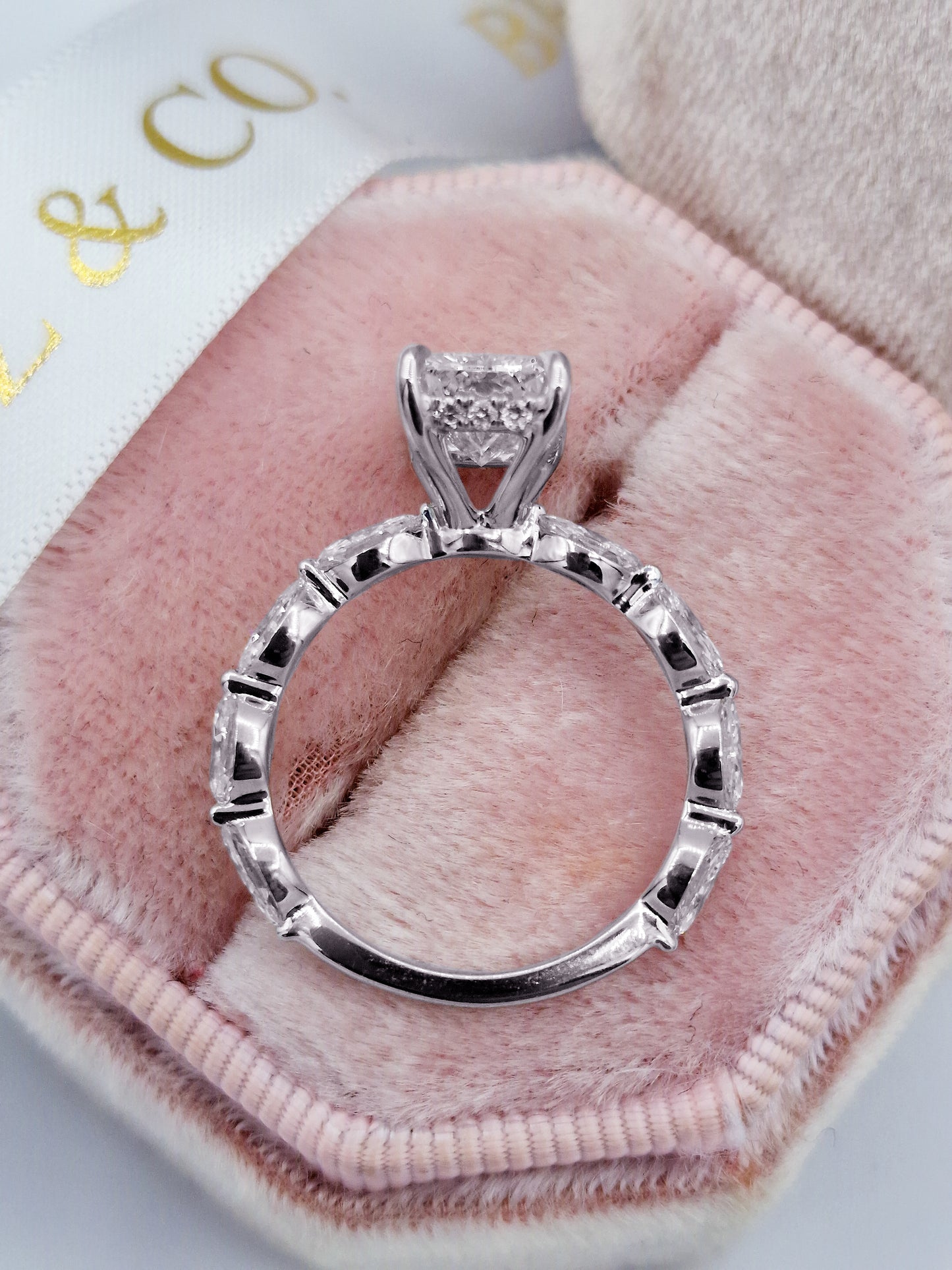 3.03 Carats Lab Grown Radiant Cut with Marquise Side Stones Hidden Halo Diamond Engagement Ring