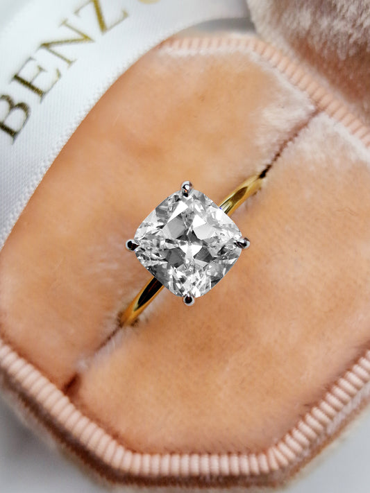 2.86 Carats Lab Grown Old Mine Cushion Cut Two Tone Solitaire Hidden Halo Diamond Engagement Ring