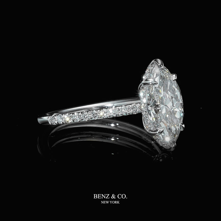 2.38 Carats Lab Grown Marquise Cut Micropaved Side Stones Hidden Halo Diamond Engagement Ring