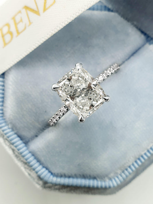 2.30 Carats Cushion Cut Micropave Side Stones Hidden Halo Diamond Engagement Ring - BenzDiamonds