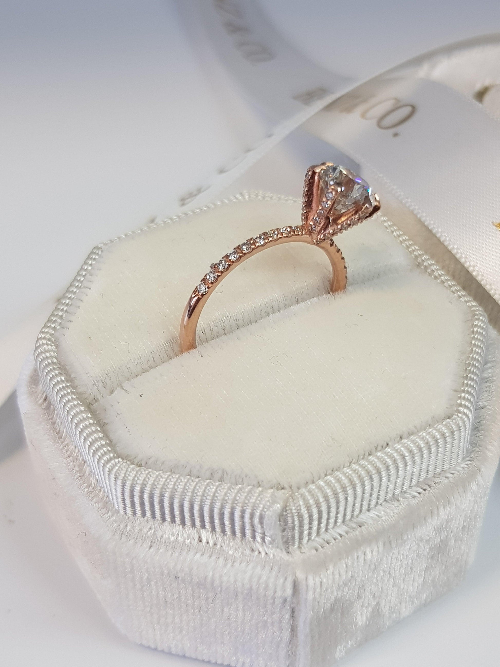 1.54 Carats Round Brilliant Cut Micropave Side Stones Accented Prongs Diamond Engagement Ring in Rose Gold - BenzDiamonds