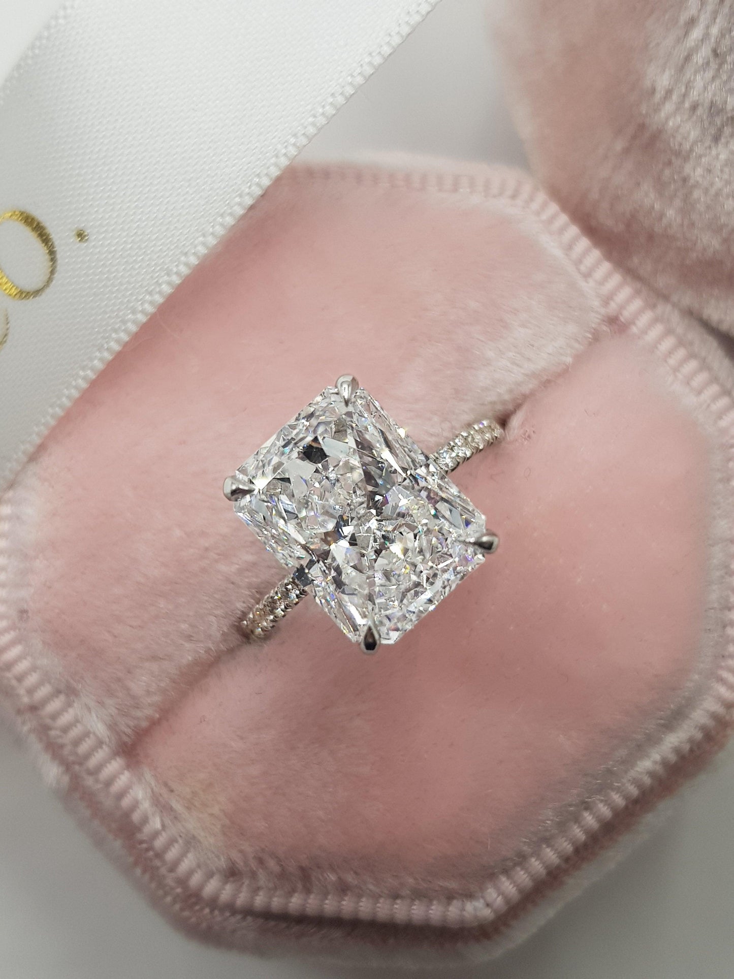 5.55 Carats Radiant Cut Micropaved Side Stones Hidden Halo Diamond Engagement Ring - BenzDiamonds