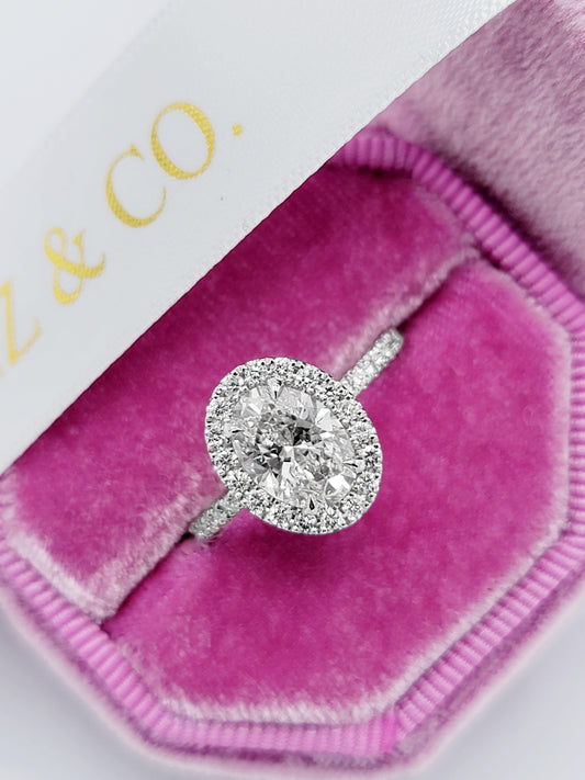 2 Carats Lab Grown Oval Cut Micropave Halo Side Stones Diamond Engagement Ring - BenzDiamonds