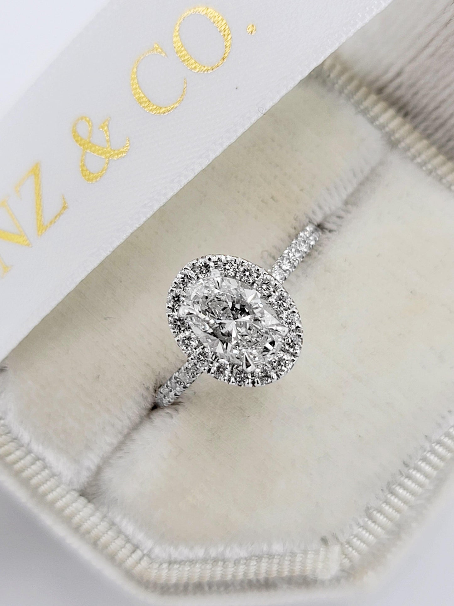 1.60 Carats Lab Grown Oval Cut Micropave Halo Side Stones Diamond Engagement Ring - BenzDiamonds