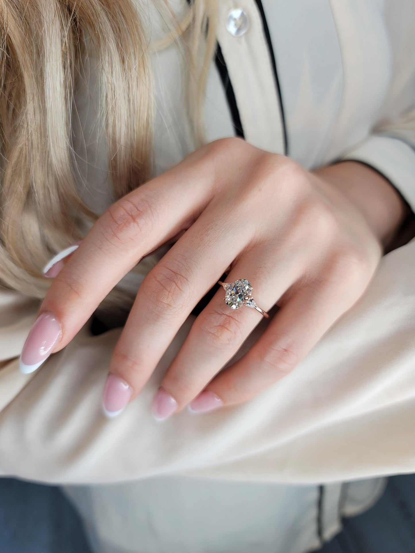 2.10 Carats Lab Grown Oval Cut with Pear Shape Side Stones Diamond Engagement Ring in Rose Gold - BenzDiamonds