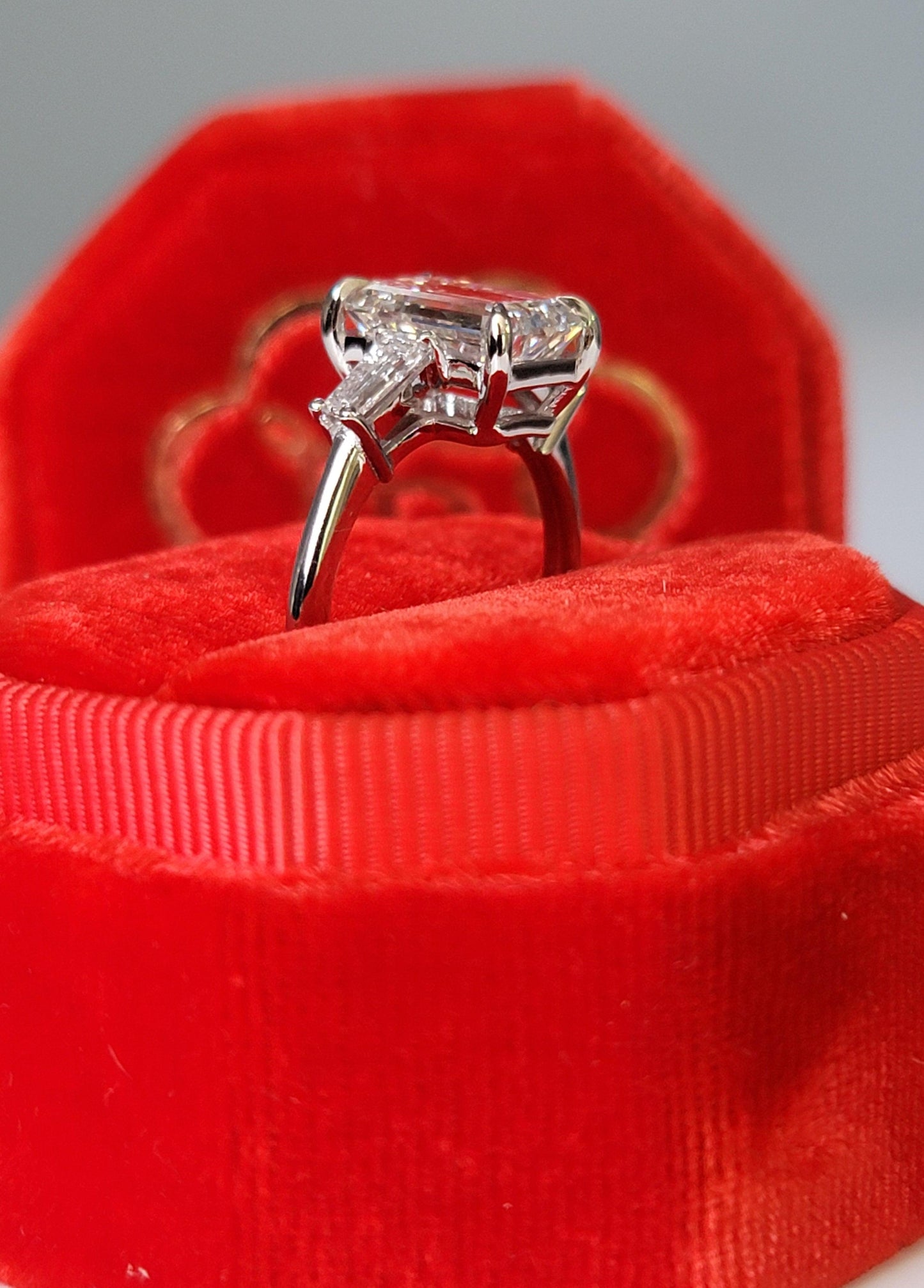 3.39 Carats Lab Grown Emerald Cut with Baguettes Three Stone Diamond Engagement Ring - BenzDiamonds