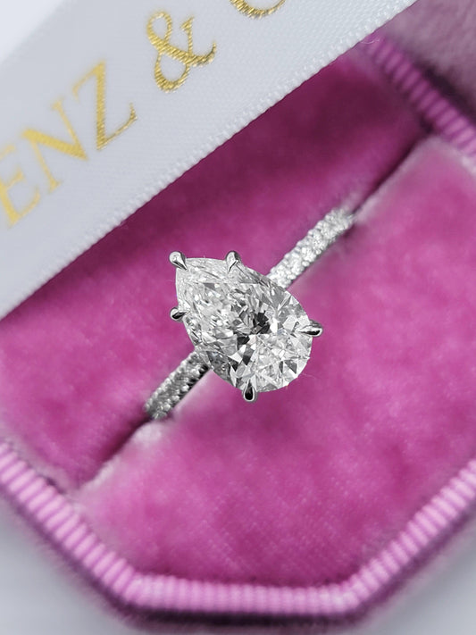 3 Carats Lab Grown Pear Shape Micropaved Side Stones Hidden Halo Diamond Engagement Ring - BenzDiamonds