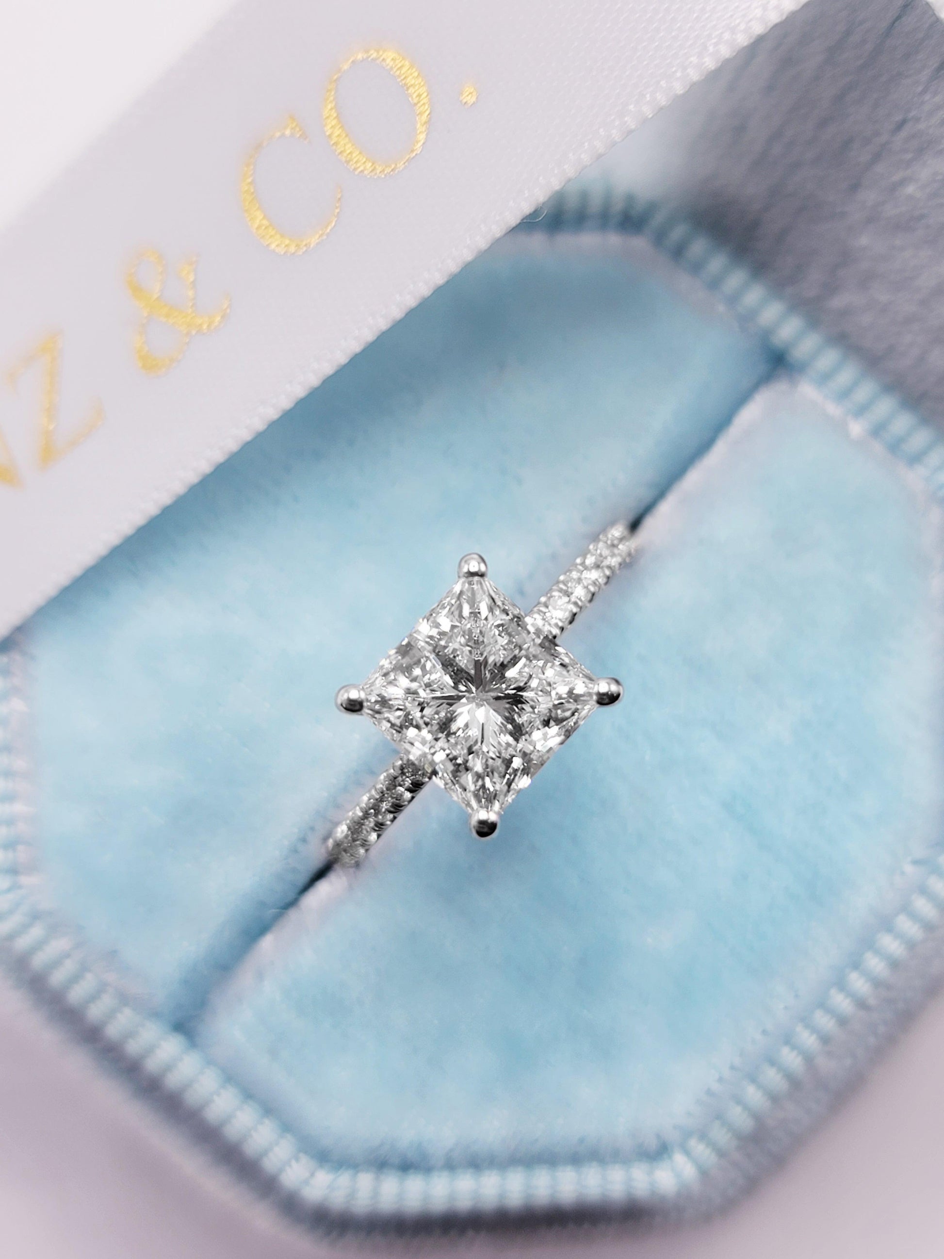 2.50 Carats Lab Grown Princess Cut Micropaved Side Stones Hidden Halo Diamond Engagement Ring - BenzDiamonds