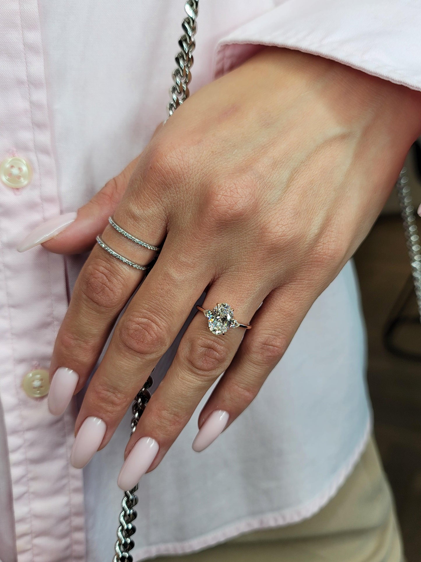 2.29 Carats Lab Grown Oval Cut with Pear Shape Side Stones Diamond Engagement Ring in Rose Gold - BenzDiamonds