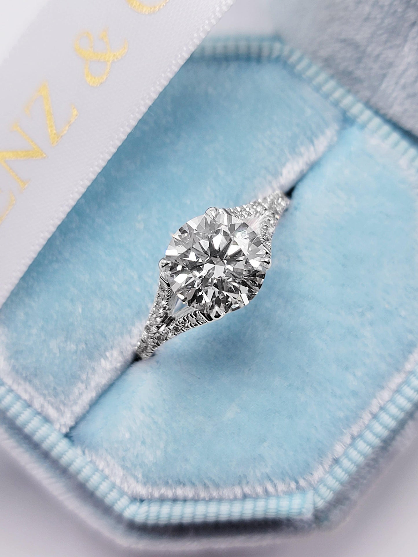 2.40 Carats Lab Grown Round Brilliant Cut Micropave Side Stones Split Shank Diamond Engagement Ring - BenzDiamonds