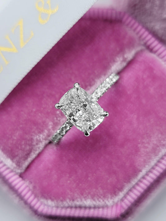 2.50 Carats Lab Grown Elongated Cushion Cut Micropaved Side Stones Hidden Halo Diamond Engagement Ring - BenzDiamonds