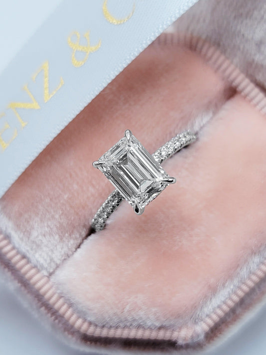 2.52 Carats Lab Grown Emerald Cut Micropaved Side Stones Hidden Halo Diamond Engagement Ring - BenzDiamonds