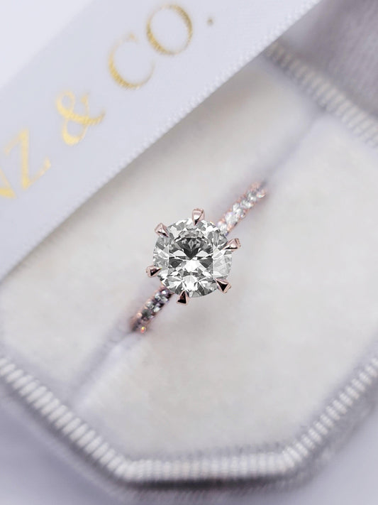 1.70 Carats Lab Grown Round Brilliant Cut Micropave Side Stones Accented Prongs Diamond Engagement Ring in Rose Gold - BenzDiamonds