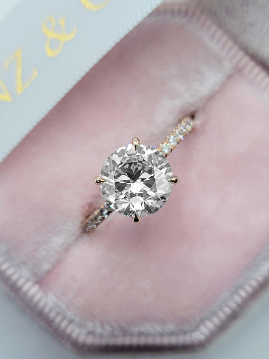 2.54 Carats Lab Grown Round Brilliant Cut Micropave Side Stones Hidden Halo Diamond Engagement Ring - BenzDiamonds