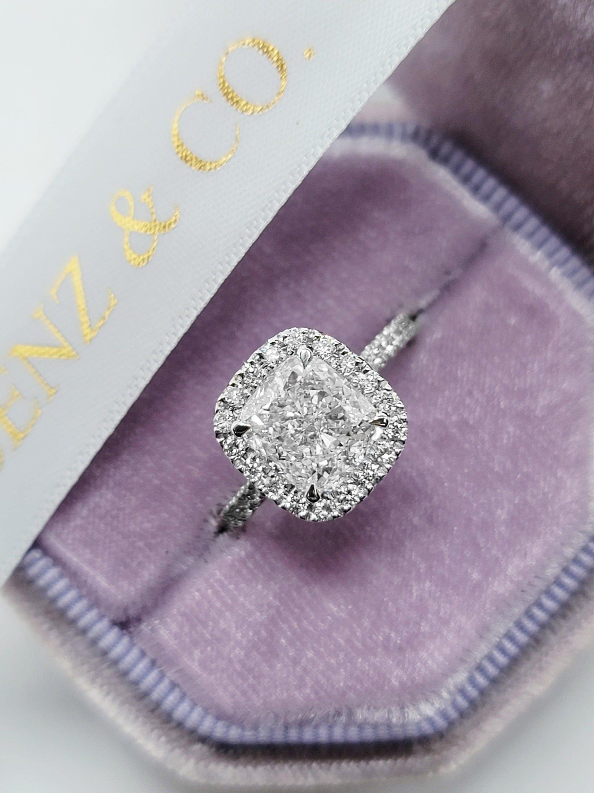 2.68 Carats Lab Grown Cushion Cut Micropaved Halo Side Stones Diamond Engagement Ring - BenzDiamonds