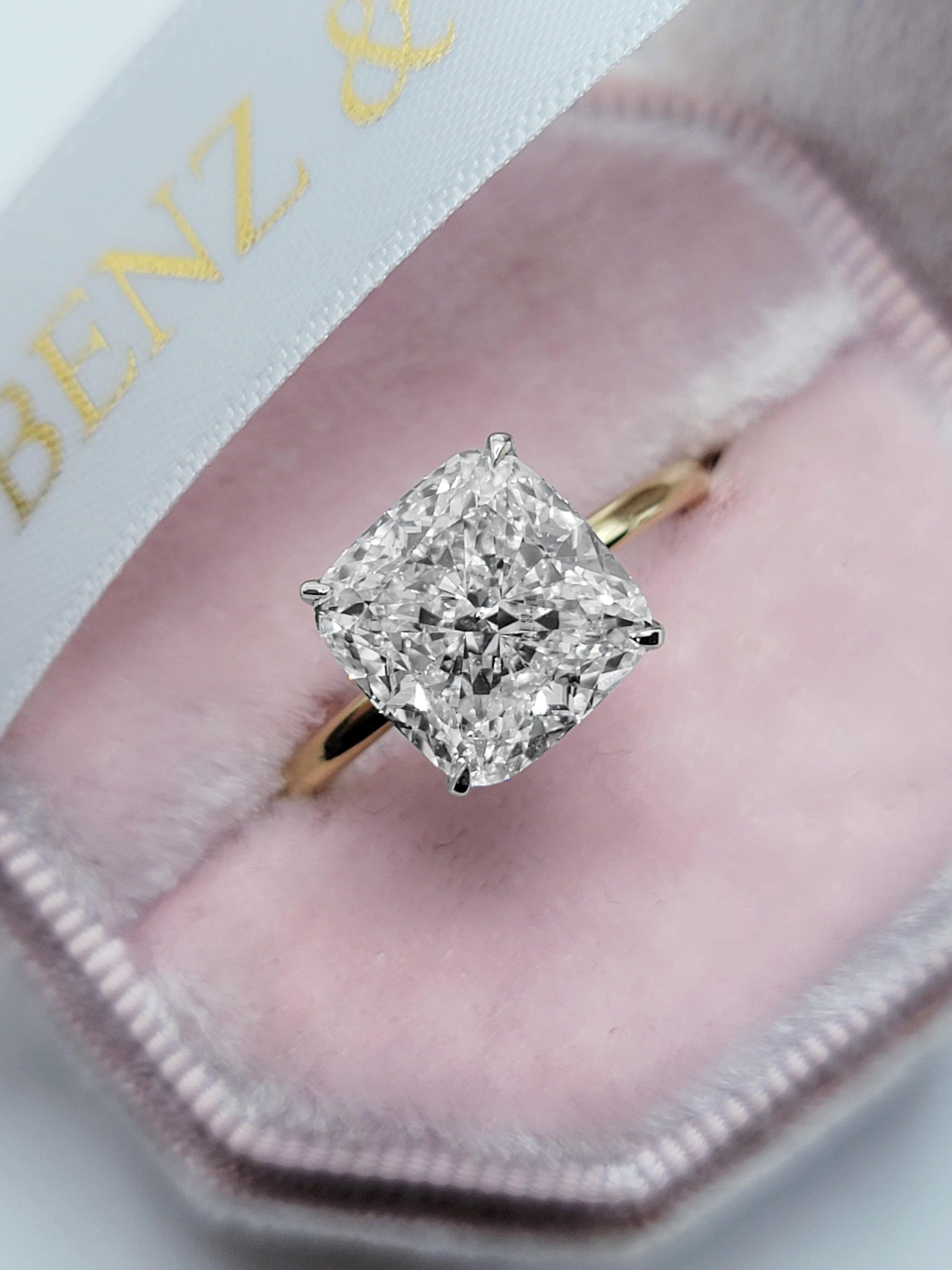 5.20 Carats Lab Grown Cushion Cut Two Tone Solitaire Hidden Halo Diamond Engagement Ring - BenzDiamonds