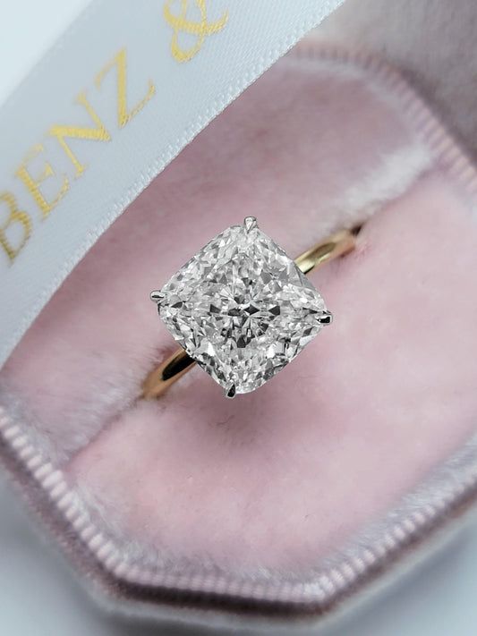 5.20 Carats Lab Grown Cushion Cut Two Tone Solitaire Hidden Halo Diamond Engagement Ring - BenzDiamonds