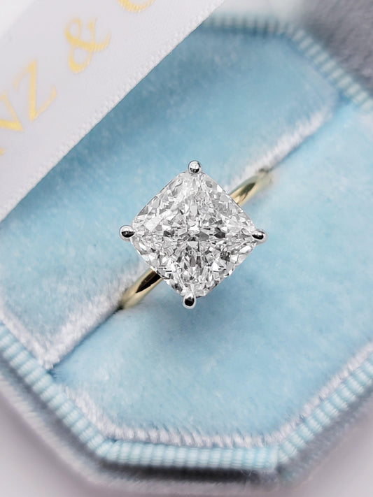 4.29 Carats Lab Grown Cushion Cut Two Tone Solitaire Hidden Halo Diamond Engagement Ring - BenzDiamonds