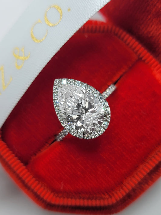 3.60 Carats Lab Grown Pear Shape Micropave Halo Side Stones Diamond Engagement Ring