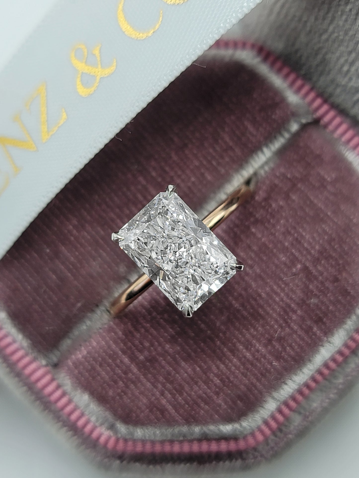 3.18 Carats Lab Grown Radiant Cut Two Tone Solitaire Hidden Halo Diamond Engagement Ring