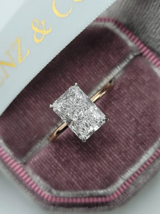 3.18 Carats Lab Grown Radiant Cut Two Tone Solitaire Hidden Halo Diamond Engagement Ring