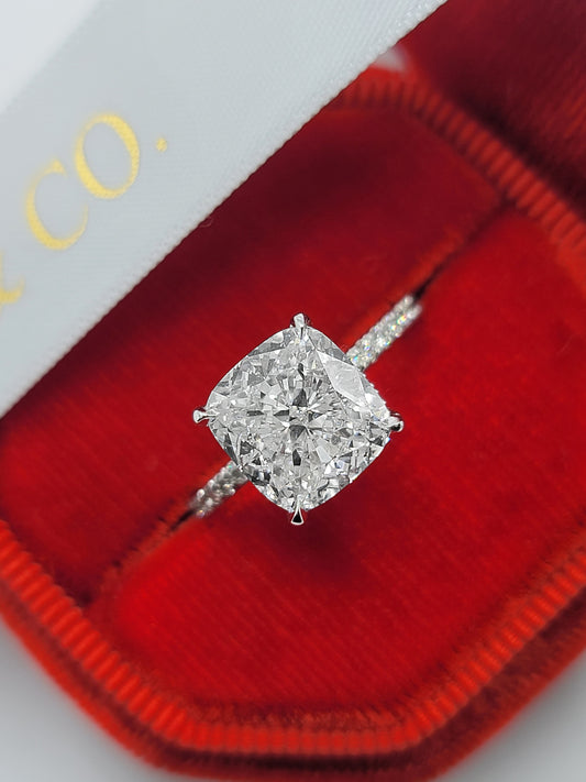 4.52 Carats Lab Grown Cushion Cut Micropaved Side Stones Hidden Halo Diamond Engagement Ring