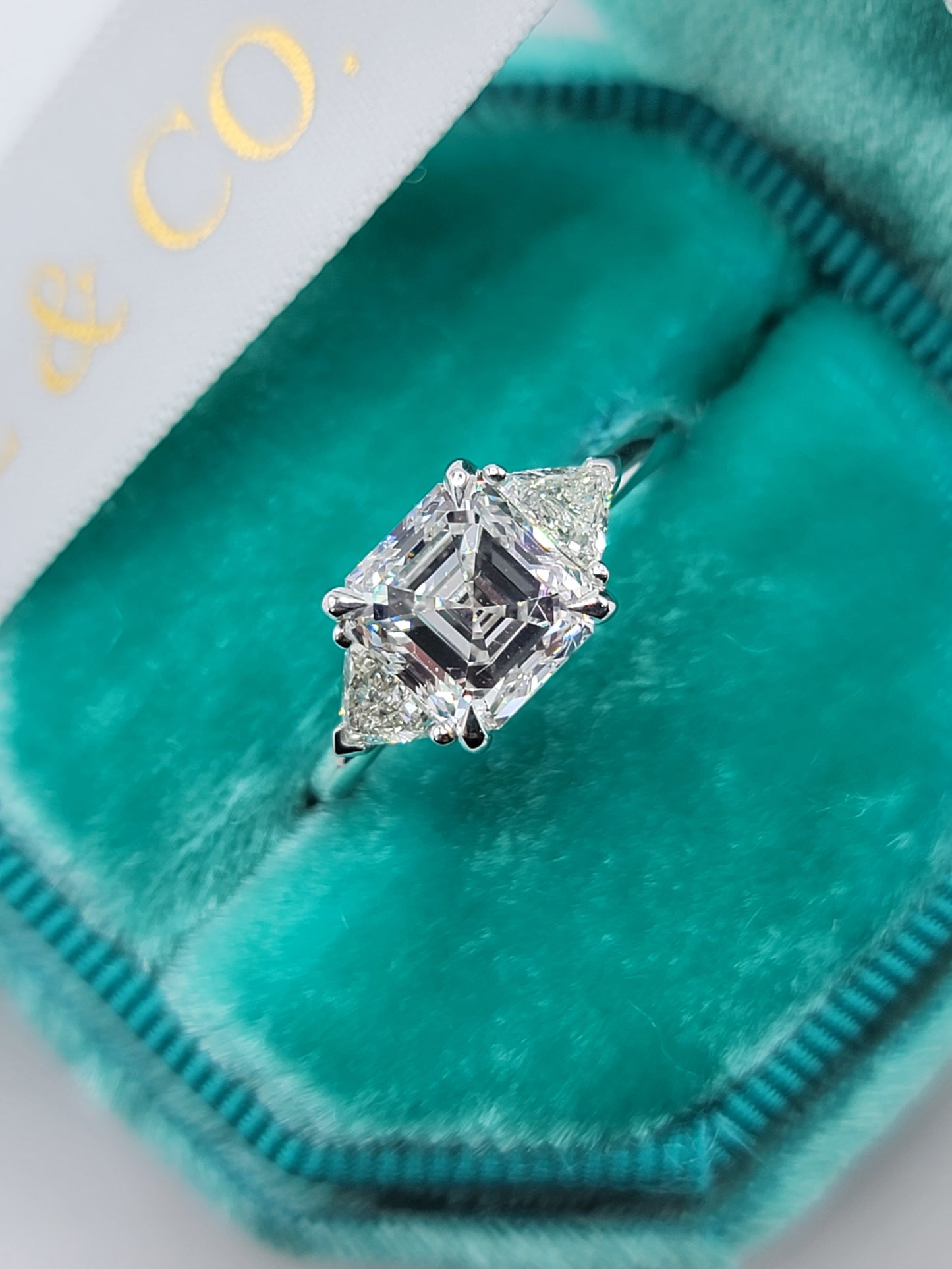 3.01 Carats Asscher Cut with Trillions Side Stones Diamond Engagement Ring