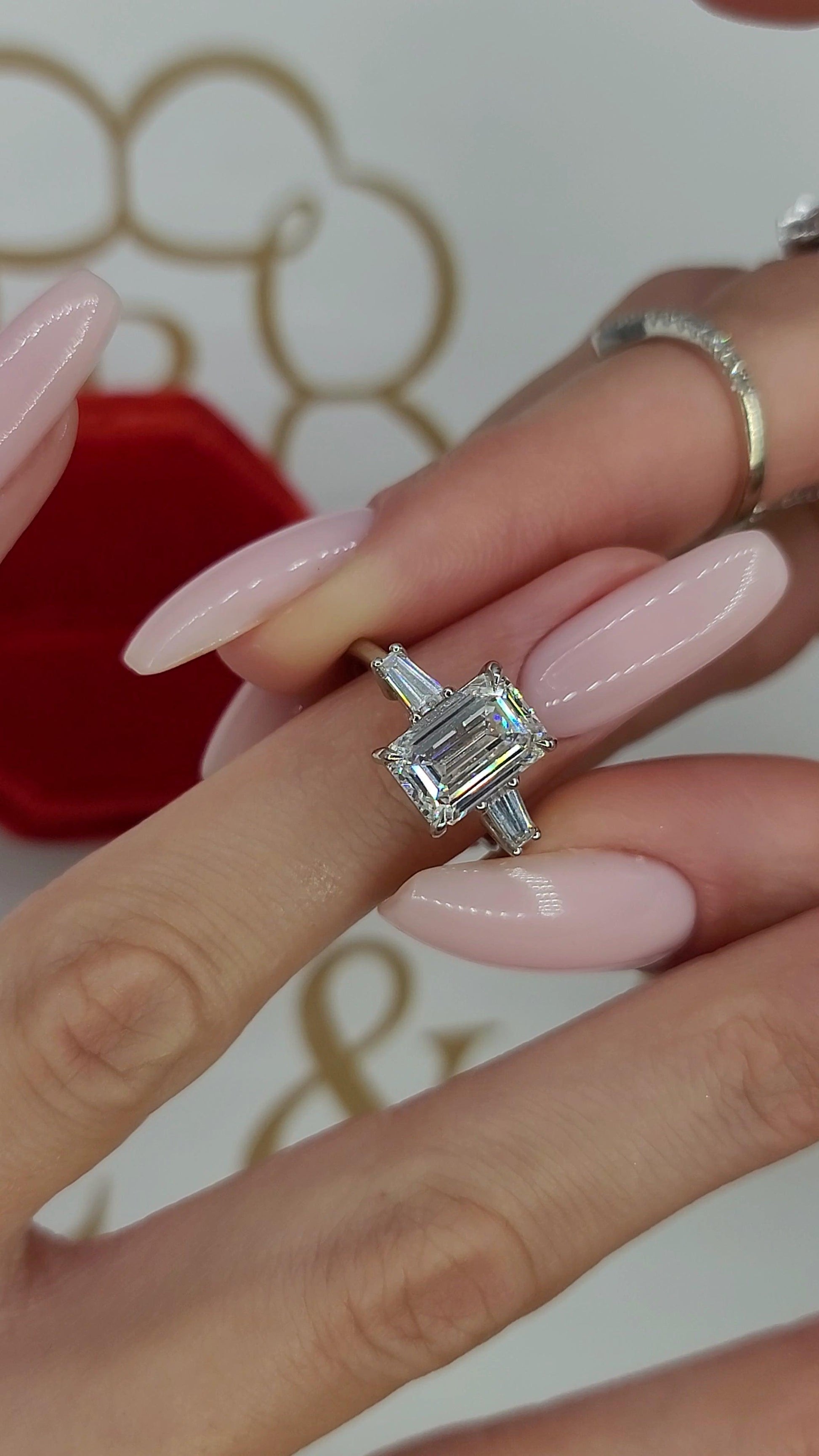 3.39 Carats Lab Grown Emerald Cut with Baguettes Three Stone Diamond Engagement Ring - BenzDiamonds