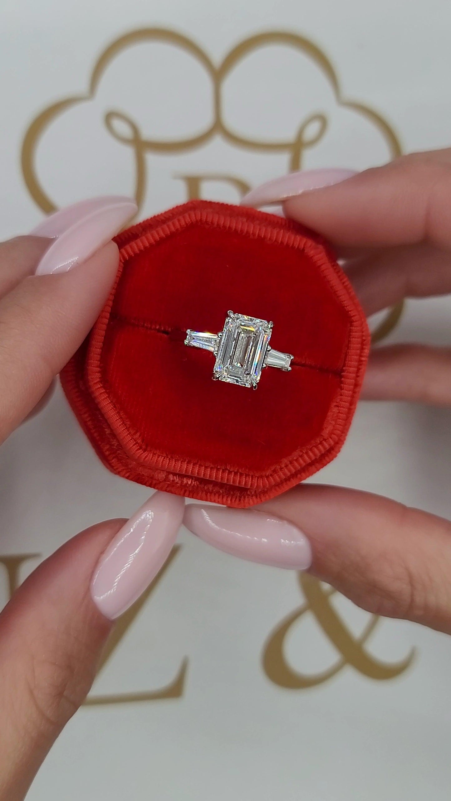 3.39 Carats Lab Grown Emerald Cut with Baguettes Three Stone Diamond Engagement Ring - BenzDiamonds