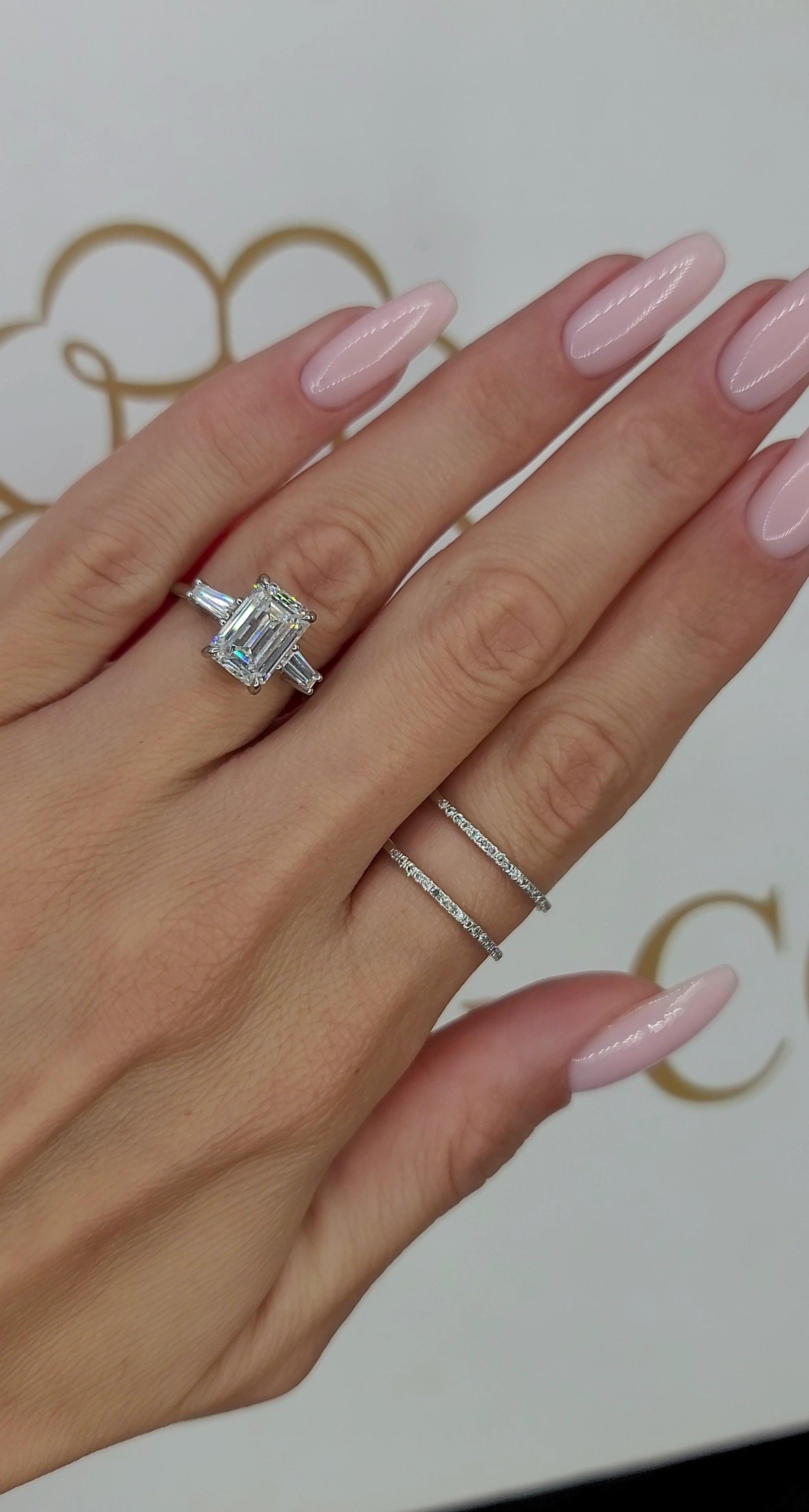 3.39 Carats Lab Grown Emerald Cut with Baguettes Three Stone Diamond Engagement Ring - BenzDiamonds