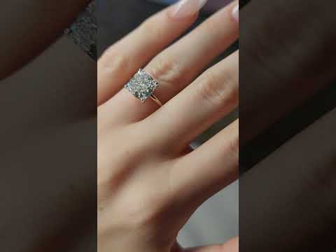 4.18 Carats Lab Grown Cushion Cut Two Tone Solitaire Hidden Halo Diamond Engagement Ring